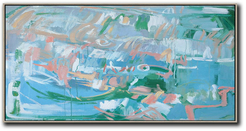 Panoramic Abstract Oil Painting On Canvas,Large Contemporary Painting,Blue,Green,Pink,White